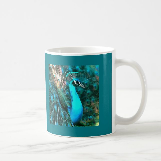 Caneca De Café Pavão Azul Vibrante Dentro Com Cauda Vibrada (Direita)