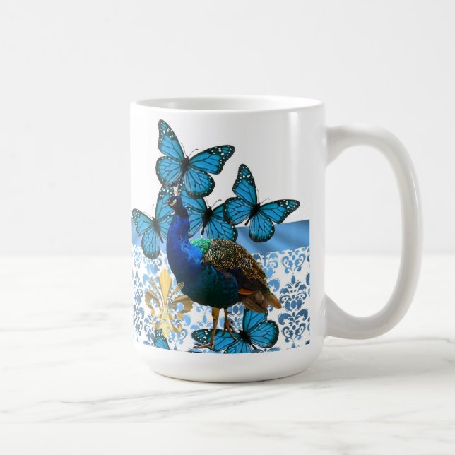 Caneca De Café Pavão bonito e borboletas azuis (Direita)