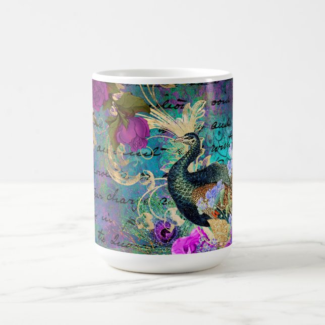 Caneca De Café Pavão e Flores Ilustrados Antigos Grunge (Centro)