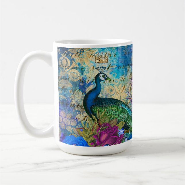 Caneca De Café Pavão e Flores Ilustrados Antigos Grunge (Esquerda)