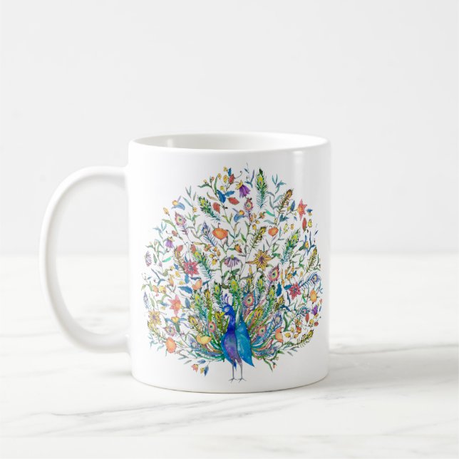 Caneca De Café Pavão floral de aquarela (Esquerda)