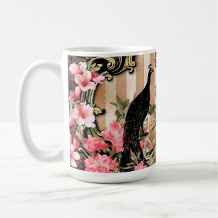 Caneca De Café Pavão Ilustrado Antigo e Flores Grunge