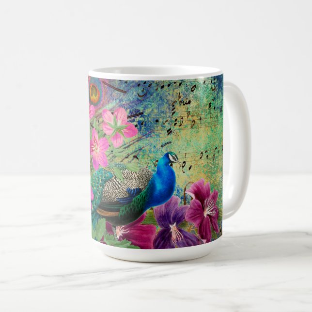 Caneca De Café Pavão Ilustrado Antigo e Flores Grunge (Frente Esquerda)