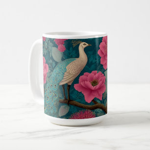Caneca De Café Pavão Vibrante e Padrão Floral Rosa