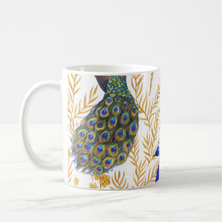 Caneca De Café Pavões chineses, sakura ouro, aquarela.