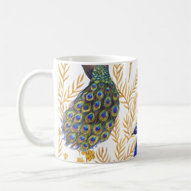 Caneca De Café Pavões chineses, sakura ouro, aquarela. (Esquerda)