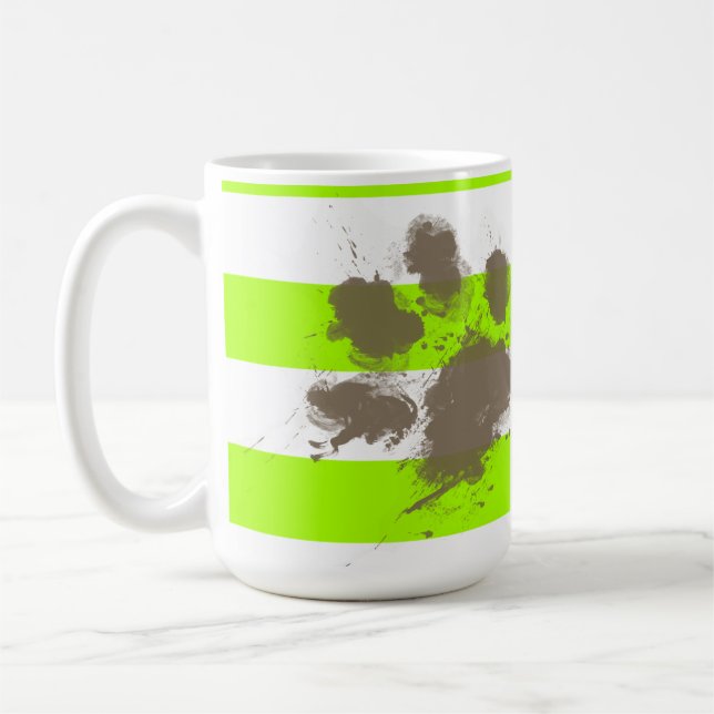 Caneca De Café Pawprint engraçado em listras elétricas do verde (Esquerda)
