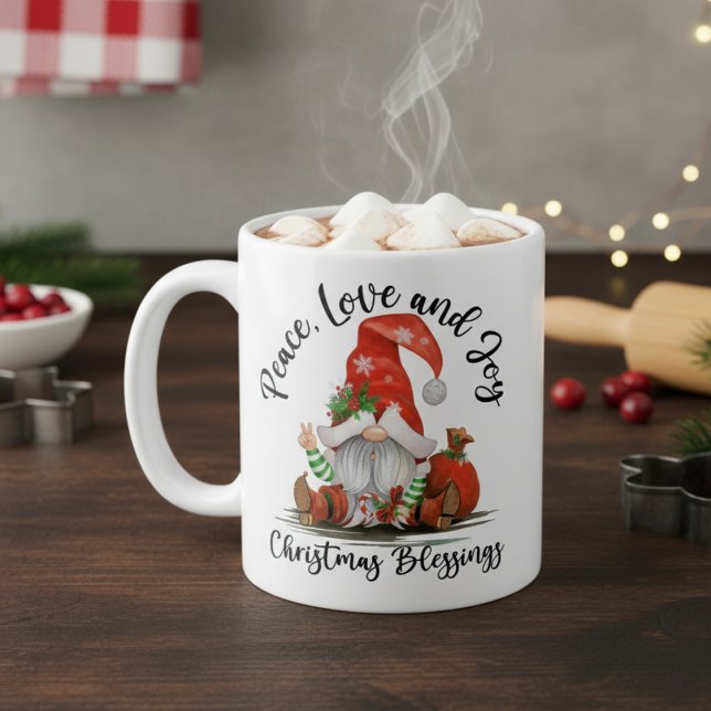 Caneca De Café Paz, Amor e Alegria, Bênçãos de Natal Gnomo (Peace, Love & Joy, Cute Gnome Christmas Blessings Coffee Mug)