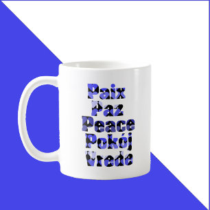 Caneca De Café Paz em Muitos Idiomas Corações Azuis
