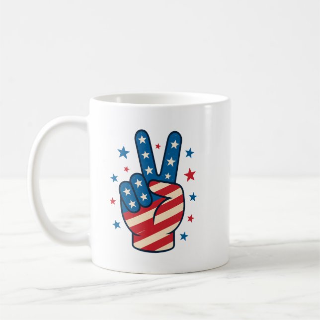 Caneca De Café Peace Hand USA Flag 4th of July (Esquerda)