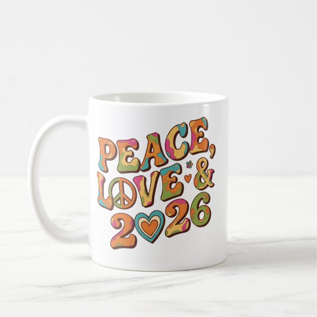 Caneca De Café Peace Love 2026 Retro Psychedelic Mug (Esquerda)