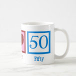 Caneca De Café Peace Love 50 Cute 50th Birthday<br><div class="desc">Bela festa de 50 anos ou bonito presente de 50 anos em azul. Peace Love 50.</div>