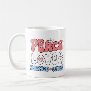 Caneca De Café Peace Love e Harris Walz Retro Hippie Style