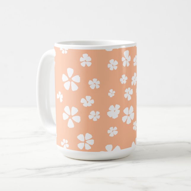 Caneca De Café Peach fuzz bonito padrão de pétala floral branco (Frente Esquerda)