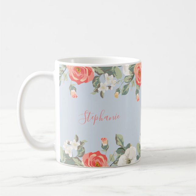 Caneca De Café Peach Rosa Dusty Blue Floral Personalizado (Esquerda)