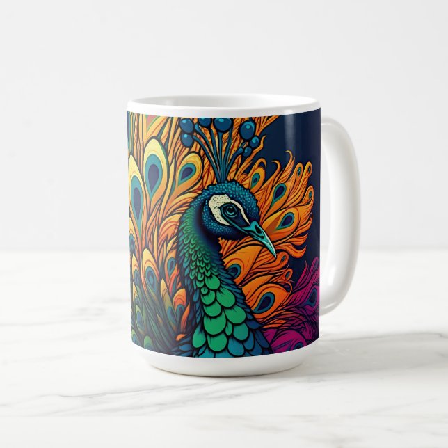 Caneca De Café Peacock Colorido, Estilo Art Deco (Frente Esquerda)