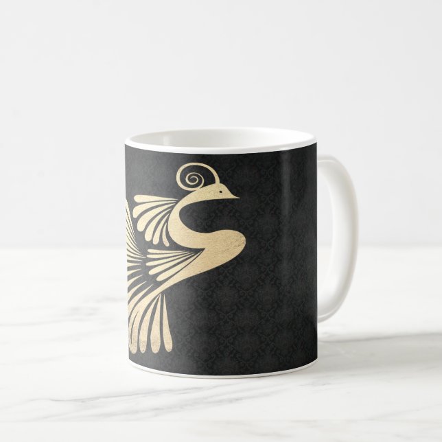 Caneca De Café Peacock Dourado Elegante, Damasco Negro (Frente Esquerda)