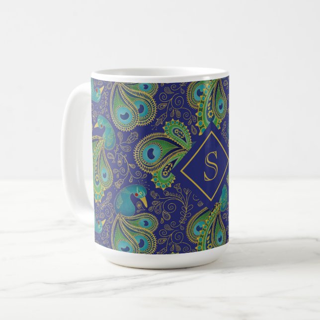 Caneca De Café Peacock Paisley Royal Blue Monogram (Frente Esquerda)