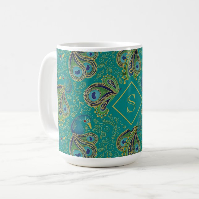 Caneca De Café Peacock Paisley Royal Teal Monogram (Frente Esquerda)