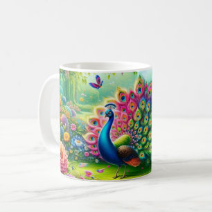 Caneca De Café Peacock vibrante em pintura de jardim fantasia