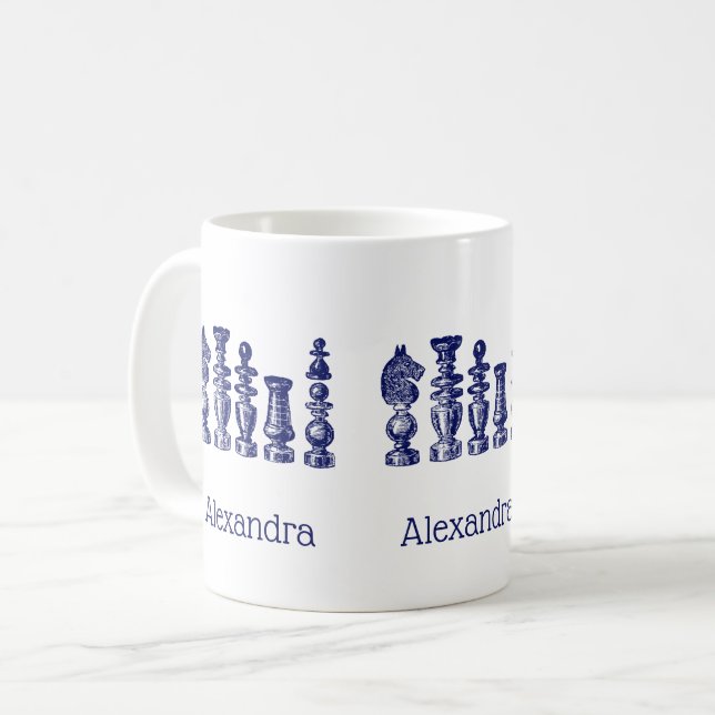 Caneca De Café Peças de Xadrez Arte Vintage Azul (Frente Esquerda)