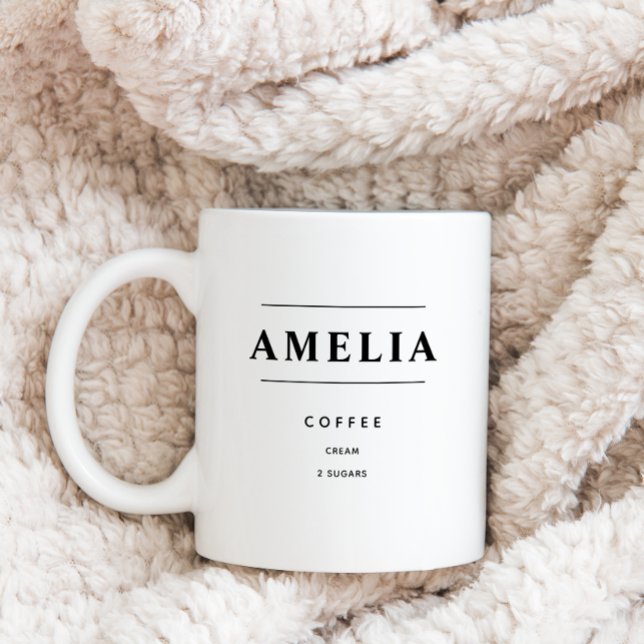 Caneca De Café Pedido de Café Personalizado, Bebida personalizada (Personalized Name and Drink order coffee mug with black text shown on blanket background. )