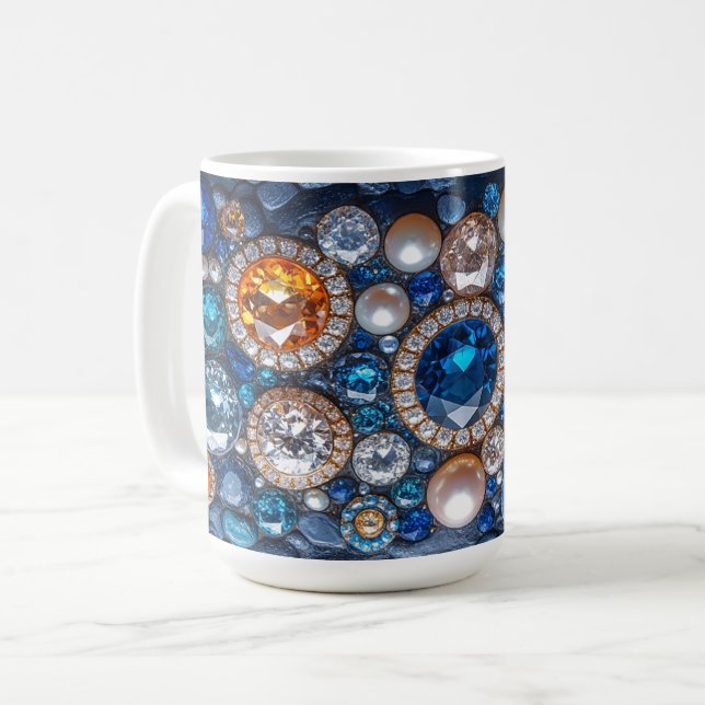 Caneca De Café Pedras Preciosas Diamantes Safiras Pérolas (Frente Esquerda)