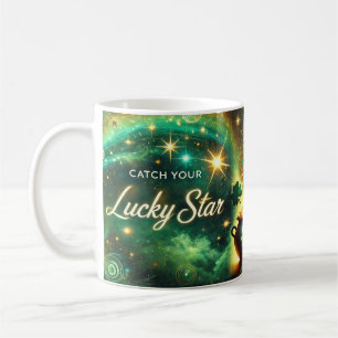 Caneca De Café Pegue Sua Estrela da Sorte Celestial Verde Dourado
