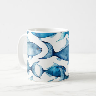 Caneca De Café Peixe Azul Oceânico de Cores Aquáticas. Padrão de 