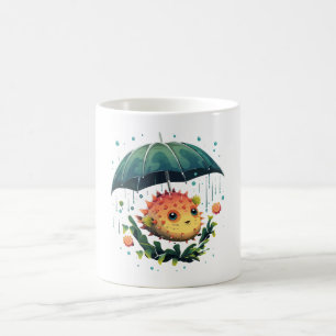 Caneca De Café Peixe Baiacu Dia Chuvoso Com Guarda-Chuva