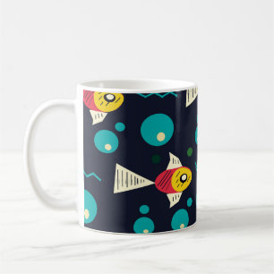 Caneca De Café Peixe Colorido com ondas no mar. Geometria para