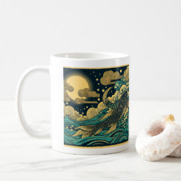 Caneca De Café Peixe Dourado Koi Saltando Ondas A em Xilogravura