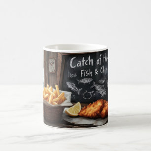 Caneca De Café Peixe e Batatas Fritas Clássicos e Ilustração de Q