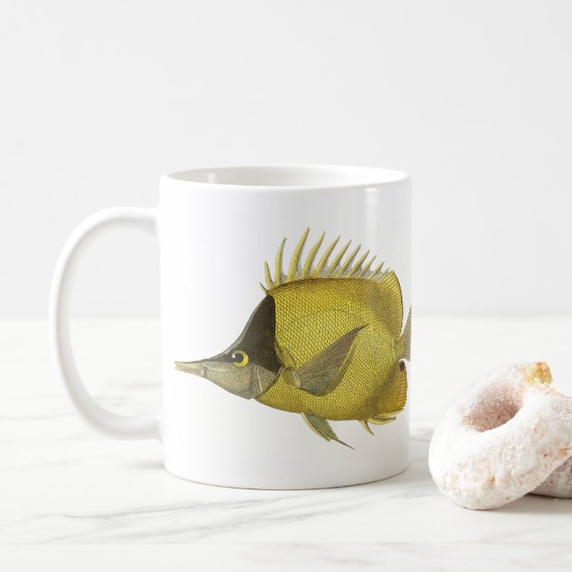 Caneca De Café Peixe Tropical Amarelo Chelmon Longirostris, Vinta (Com Donut)