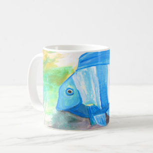 Caneca De Café Peixes azuis tropicais Aquarela Oceano oceânico