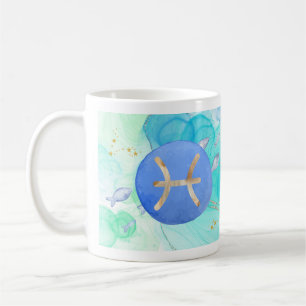 Caneca De Café Peixes Azul Verde Aquarela Astrologia Signo do Zod