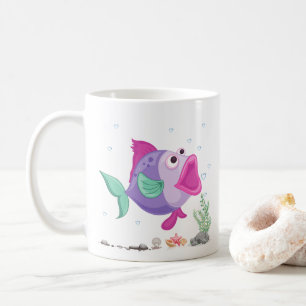 Caneca De Café Peixes com bolhas bucais abertas e flora subaquáti