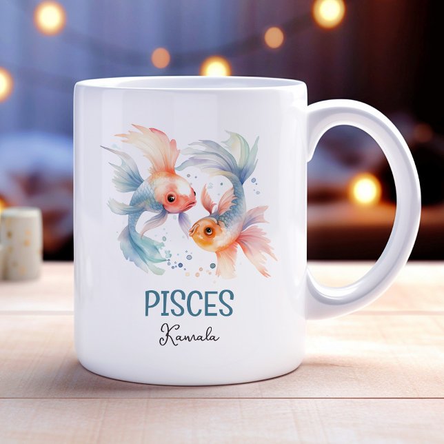 Caneca De Café Peixes de Ilustração de Aquarela Cuta Nome Zodíaco (Cute Watercolor Illustration Pisces Zodiac Name Coffee Mug)