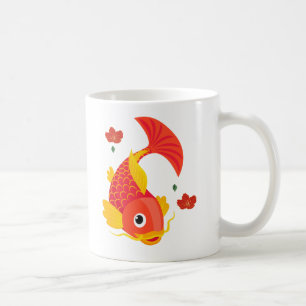 Caneca De Café Peixes dourados com barbatanas e flores vermelhas