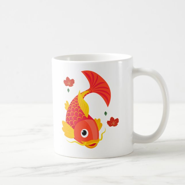 Caneca De Café Peixes dourados com barbatanas e flores vermelhas  (Direita)