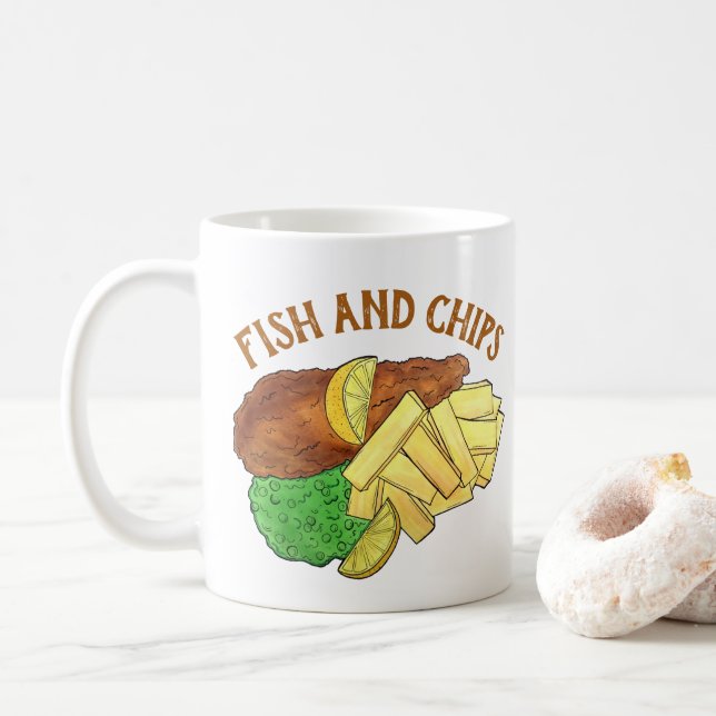 Caneca De Café Peixes e Chips Mushy Peas British Pub Fare UK Comi (Com Donut)