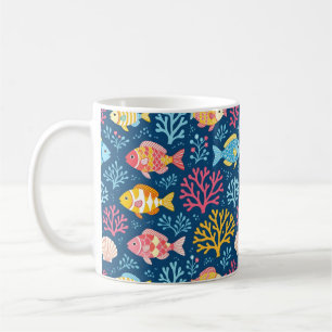 Caneca De Café Peixes e coral azul náutico