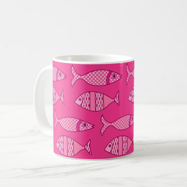 Caneca De Café Peixes Modernos, Fúchsia e Rosas claro (Frente Esquerda)