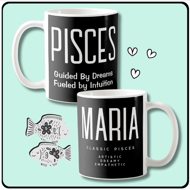 Caneca De Café Peixes Sinal de Água Presente de Astrologia (Pisces Star Sign Zodiac Gift with Personalized Name, Pisces Quote, Traits, Symbol & Birth Dates.)
