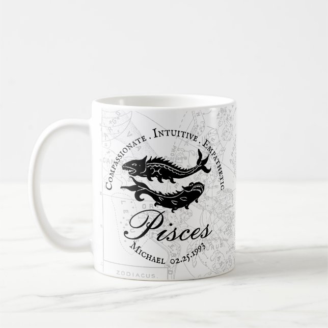 Caneca De Café Peixes - Traços Zodíacos Personalizados - Branco P (Esquerda)