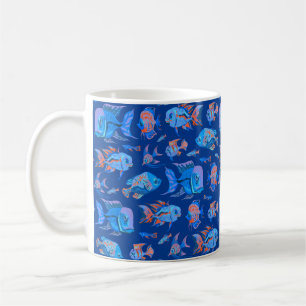 Caneca De Café Peixes tropicais divertidos em azul