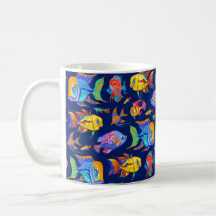 Caneca De Café Peixes tropicais divertidos em azul escuro