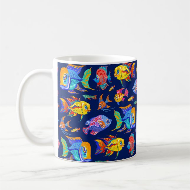 Caneca De Café Peixes tropicais divertidos em azul escuro (Esquerda)