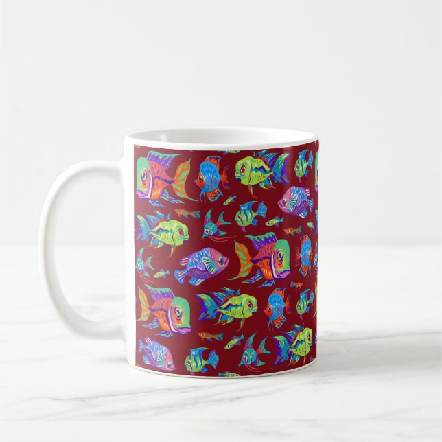 Caneca De Café Peixes tropicais divertidos em vermelho escuro (Esquerda)