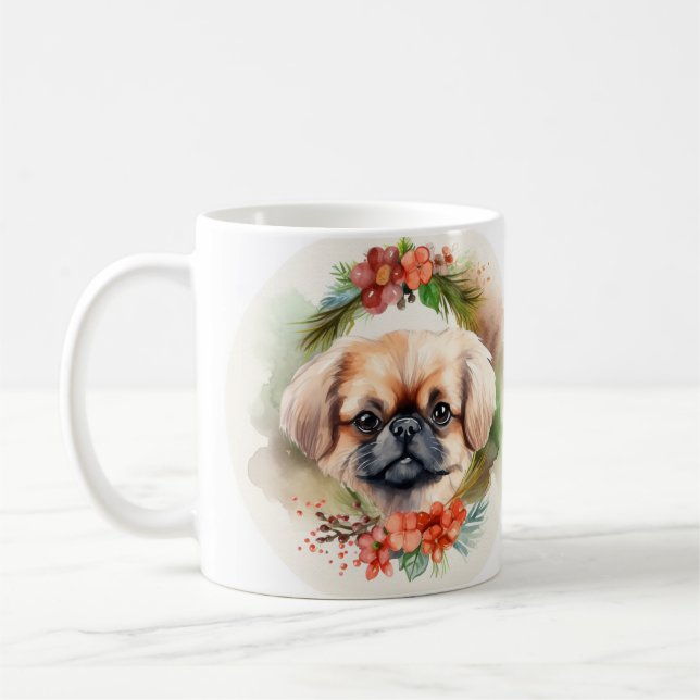 Caneca De Café Pekingese Christmas Wreath Festivo Pup (Esquerda)